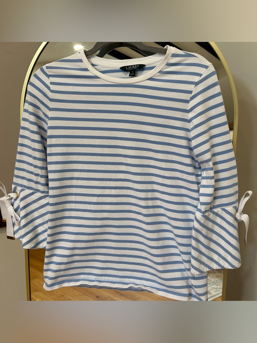 Lauren Ralph Lauren White and Light Blue Striped Bell Sleeve Top. Women’s M EUC